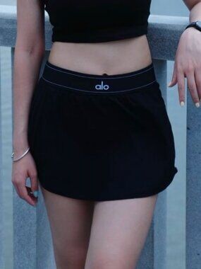 🌻Alo Yoga Match Point Tennis Skirt Black NWT🎼Sporty Chic Mini Skirt